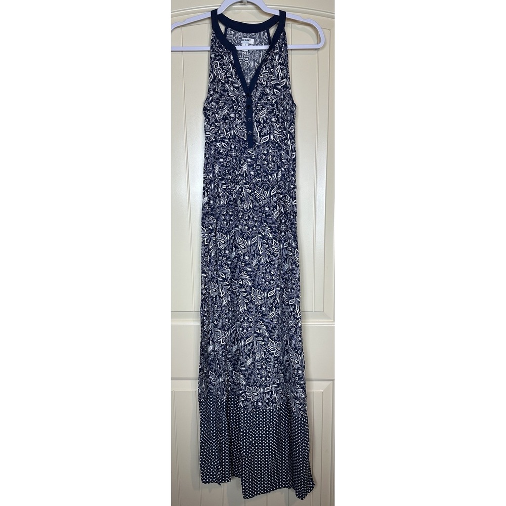 Old Navy halter sleeveless rayon maxi navy blue white dress sz S GUC